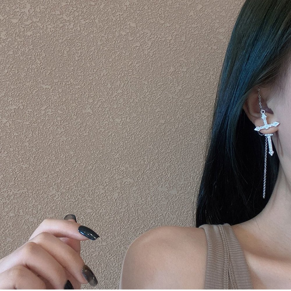 💙Rhinestones Cross Earrings Single Ear Climber - Picture 7 of 11